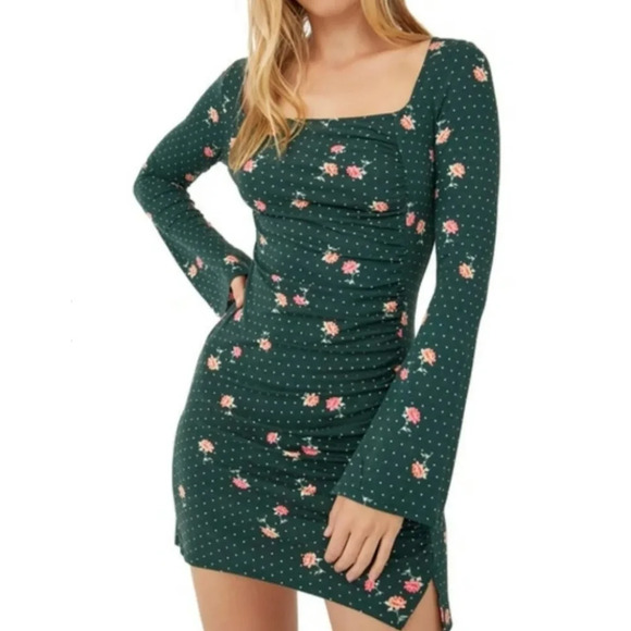 Free People Green Pink Flowers Celine Ruched Key Hole Back Mini Dress Sz S. - Picture 1 of 13